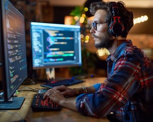 Concentrated Male Programmer Coding on Multiple Computer Screens at Night