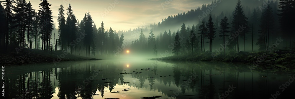 Poster serene lake nestled amidst a dense forest, shrouded in a mystical veil of fog, creating an ethereal 