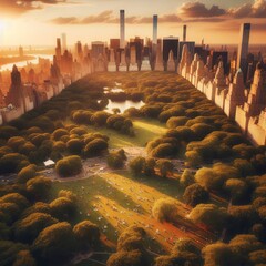 Aerial Helicopter Photo Over Central Park with Nature, Trees, People Having Picnic and Resting on a...