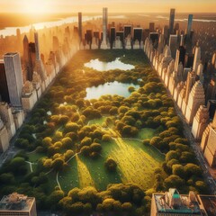 Aerial Helicopter Photo Over Central Park with Nature, Trees, People Having Picnic and Resting on a...
