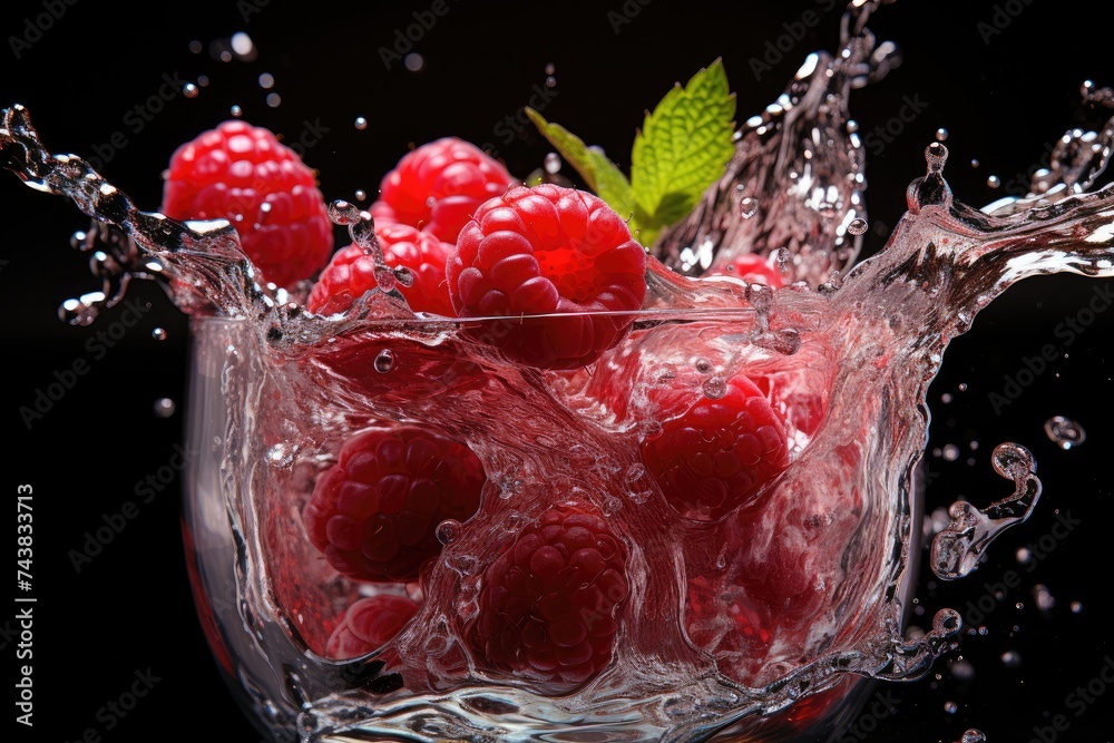 Fototapete raspberries are falling gracefully into a glass of water, creating a beautiful display of splashing 