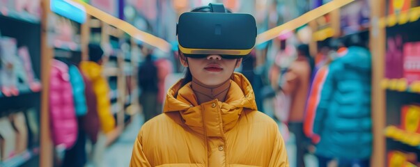 Young Person Experiencing Virtual Reality in a Colorful Tech Store