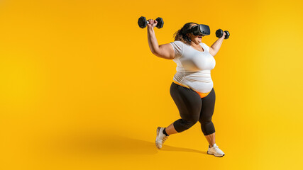 Fototapeta na wymiar A determined woman immerses herself in a virtual workout, donning athletic gear and gripping weights as she strengthens her body with focused movements
