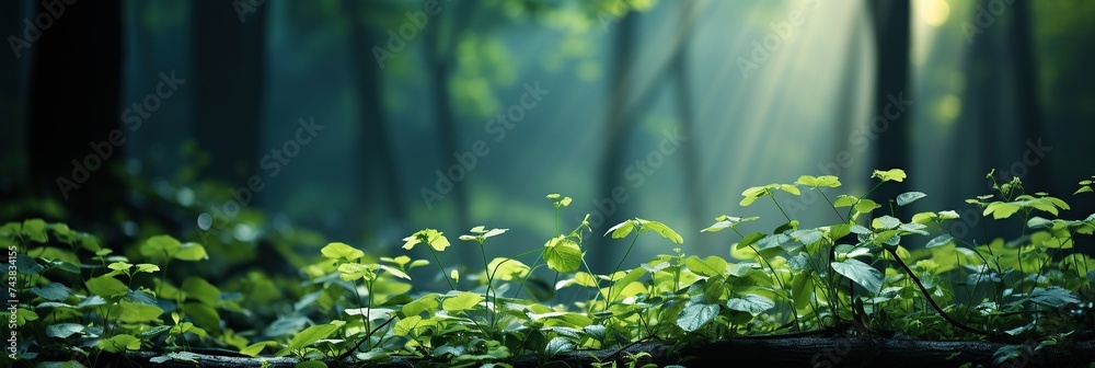 Poster Sunlight filters through the dense canopy of the forest, creating a magical display of light and shadow among the trees