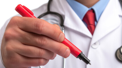 Doctor holding red pen, suitable for medical concepts