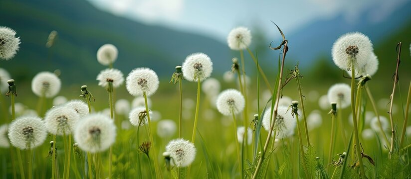 A field is filled with taraxacum officinale plants, commonly known as dandelions, with majestic mountains in the background.