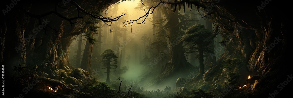 Poster a mesmerizing painting of a dense forest with sunlight filtering through the lush green leaves, cast