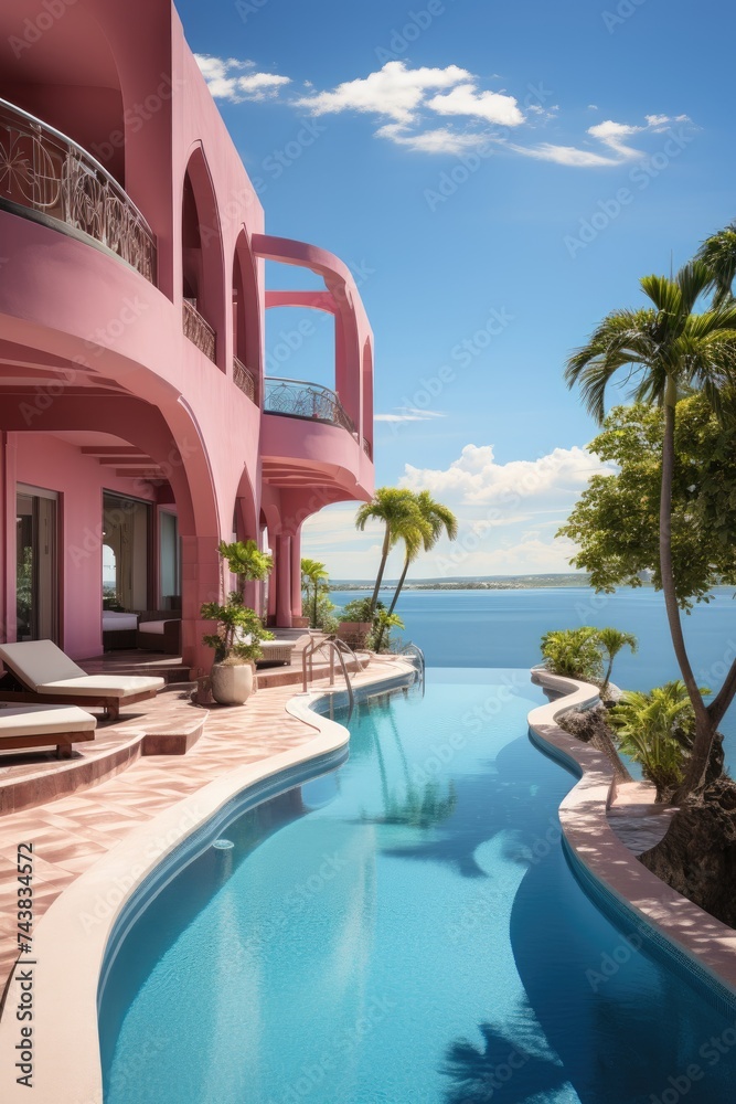 Poster A serene scene featuring a charming pink house with a refreshing pool in front of it, surrounded by lush greenery, creating a perfect spot for relaxation and leisure