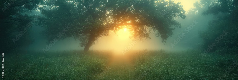 Poster In this mesmerizing scene, the suns rays penetrate the dense fog in a mystical forest, casting a soft, ethereal glow on the moss-covered trees and creating a magical atmosphere