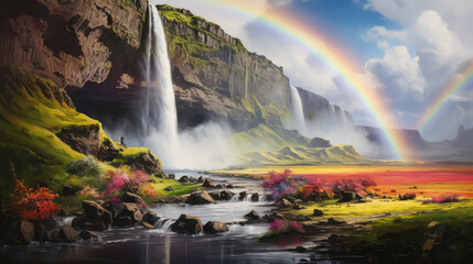 illustration of A Beautiful Seljalandsfoss waterfall with rainbow in Iceland during the sunset. Location: Seljalandsfoss waterfall, part of the river Seljalandsa, Iceland