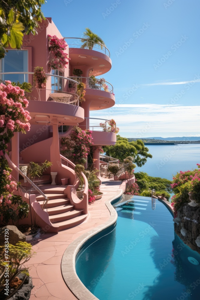Poster A charming pink house stands gracefully with a refreshing pool in front of it, creating a serene and inviting oasis perfect for relaxation and enjoyment on a sunny day