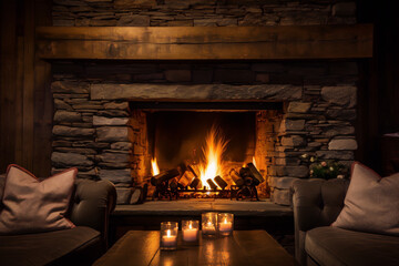 Fireplace, living room interior, stone, wood, fire, cozy, warm, inviting, home - obrazy, fototapety, plakaty