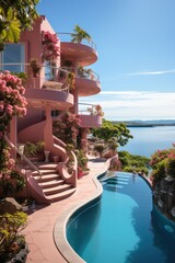 A charming pink house stands gracefully with a refreshing pool in front of it, creating a serene and inviting oasis perfect for relaxation and enjoyment on a sunny day
