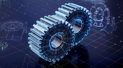Wireframe illustration of a gear on a dark blue background. Mechanical technology machine engineering symbol. Project development, engine work, business plan illustration.