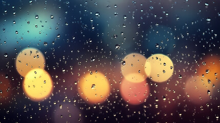 Fototapeta premium Raindrops on wet window glass with blurred panorama of city in night lights glare and bokeh