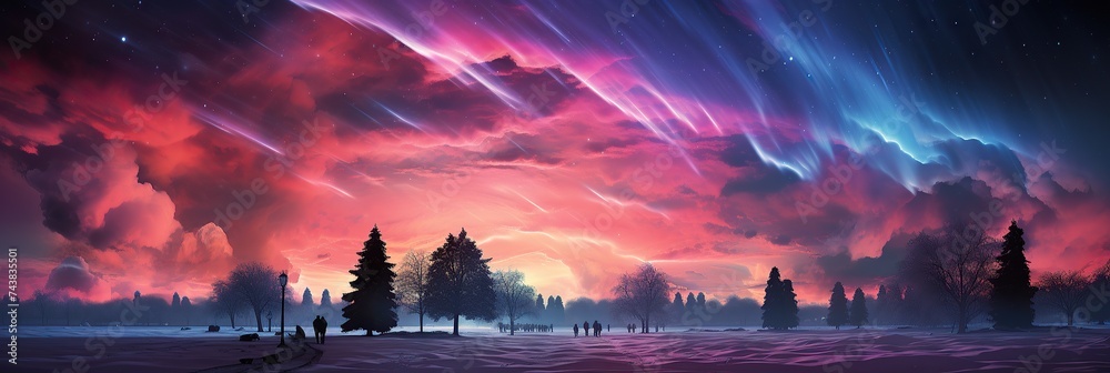 Poster A mesmerizing painting capturing a sky illuminated by a multitude of colorful lights, creating a magical and ethereal atmosphere