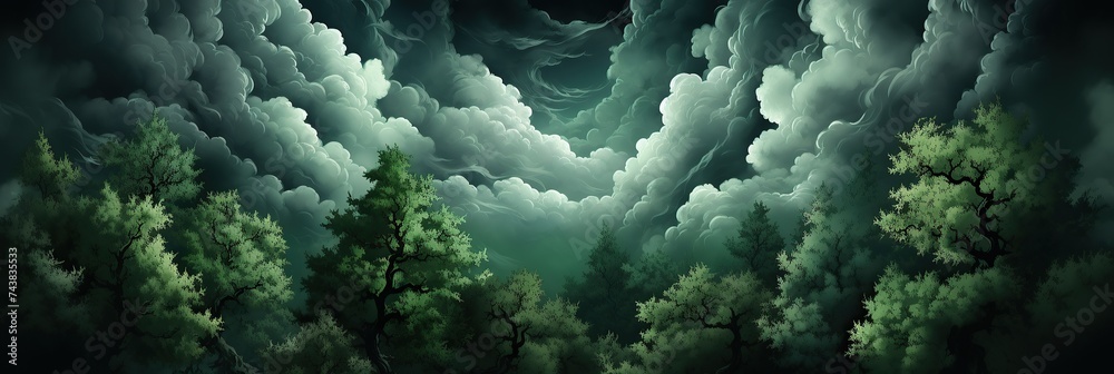 Poster lush forest filled with billowing clouds, creating an ethereal and dreamlike atmosphere, banner