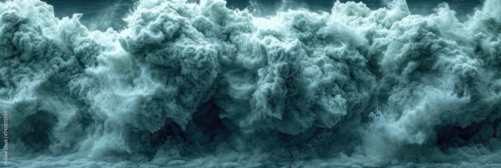 Poster in this stunning image, a massive wave rises from the deep blue sea and crashes dramatically over th