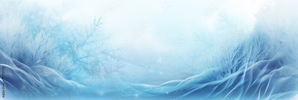 Poster A painting depicting a frozen river winding through a wintry landscape with trees standing tall in the background, their bare branches dusted with snow