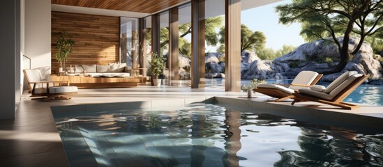 Private swimming pool in modern luxury house - obrazy, fototapety, plakaty