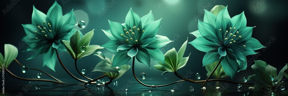 Poster a vibrant group of green flowers beautifully arranged on top of a rustic wooden table, creating a ch
