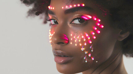 Beauty portrait of young african american woman with creative make up. Fashion decor with rhinestones in at face. Spring beauty concept