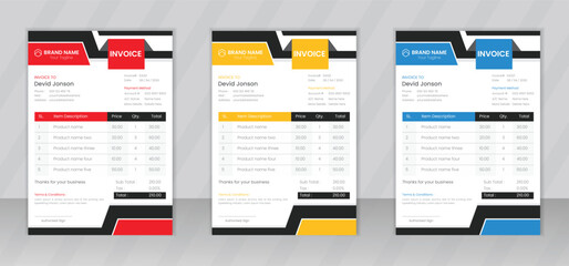 Business invoice form template design, Invoicing quotes, money bills or price invoices and payment agreement templates, Tax form, bill graphic or payment receipt page vector set