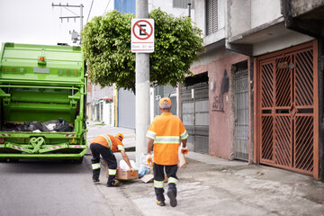 Men, garbage truck and collection service in city for public environment with teamwork, recycling...