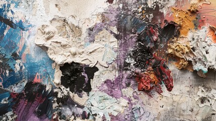 Detailed shot of an abstract canvas, highlighting the contrast and harmony between different hues and textures created by mixed painting techniques.