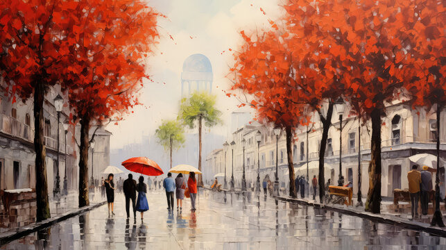 oil painting on canvas, street view of Pisa. Artwork. Big ben. man and woman under a umbrella. red tree. Italy