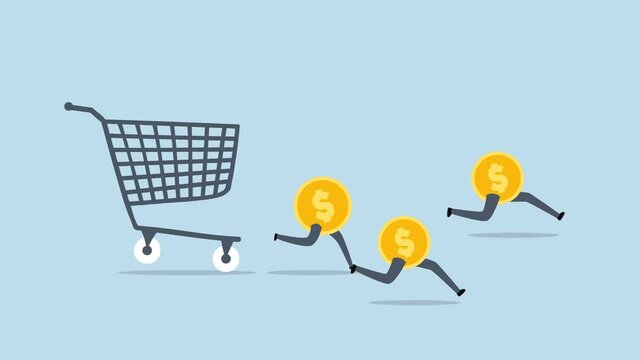4k Animation Over spending, Dollar coins flee from an aggressively chasing creditor shopping cart or trolley.