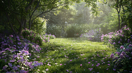 Fototapeta premium Phlox creating an oasis in a backyard, employing cinematic framing to emphasize the natural colors and create a tranquil scene. 