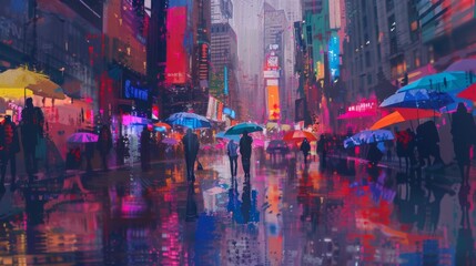 Digital painting of a bustling city street in the rain with reflective surfaces and colorful umbrellas