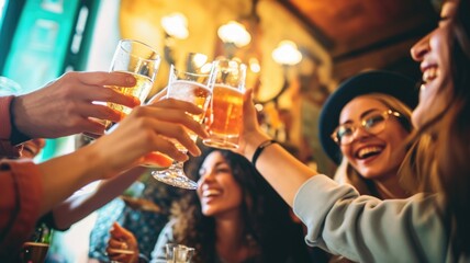 Friends engaging in social activities nonalcoholic beer, Toasting With Beer Glasses in a Cozy Pub