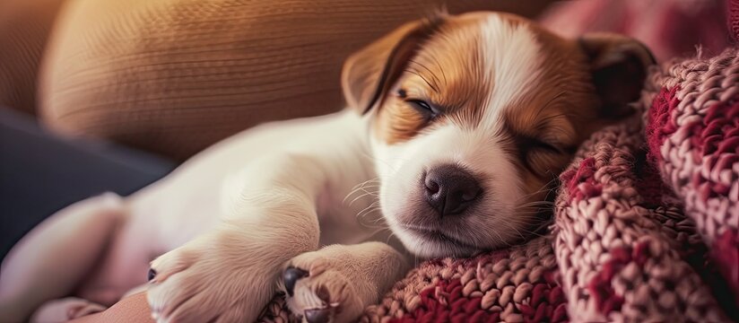 A vintage style Instagram filtered photo of a puppy peacefully sleeping on a blanket on a lap.