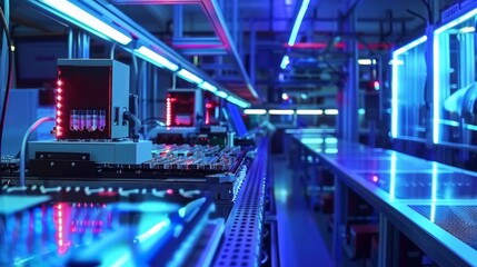 Photo of factory, high-tech lab filled with neon lights with conveyor belt. Development and innovation