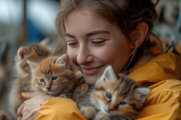 A joyous lady cradles a litter of adorable kittens, their soft fur and delicate whiskers contrasting against her warm human face as she beams with a loving smile in a cozy indoor setting