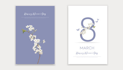 Fototapeta na wymiar Happy Mothers Day and 8 March Stylish Cards Template Set. Decorative Composition with Cherry Flowers on White and purple Background Holiday Poster Banner Flyer Brochure Flat Vector Illustration.