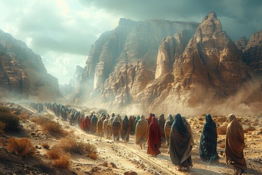 Moses leads jews through desert, biblical journey to promised land in sinai. religious historical escape narrated in bible, showcasing moses leadership and divine intervention in israelite exodus.