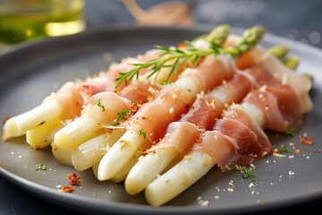 Naklejka premium cooked white asparagus with ham and sauce. AI generative.