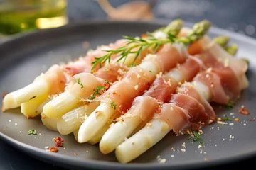 Gardinen cooked white asparagus with ham and sauce. AI generative. © Dar1930