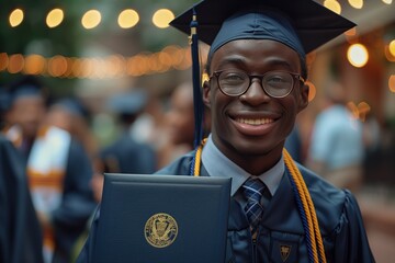A beaming scholar in academic dress proudly holds up his diploma at his college commencement ceremony, adorned with a mortarboard and glasses, marking the end of his university journey