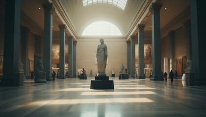 Guardians of the Past: A Majestic Hall Housing an Enigmatic Statue - obrazy, fototapety, plakaty