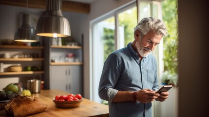 A handsome smiling senior man uses a smartphone, types a message, makes online purchases, downloads a new application, and stands in the kitchen at home.