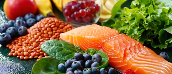 Beautiful bountiful image of leafy greens, lentils, berries, bananas, salmon fillet denoting good balanced diet of lean proteins, fruits, vegetables, whole grains - obrazy, fototapety, plakaty