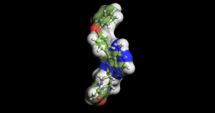 Ibrutinib, anticancer drug against chronic lymphocytic leukemia, mantle cell lymphoma, and Waldenstrom's Macroglobulinemia, 3D molecule spinning on Y-axis, 4K
