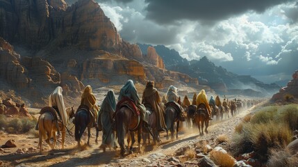Moses leads jews through desert, biblical journey to promised land in sinai. religious historical escape narrated in bible, showcasing moses leadership and divine intervention in israelite exodus.
