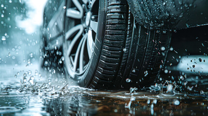 Close-up of a car tire on a wet road, with water splashing around, highlighting the tire's tread and grip during rainy weather.