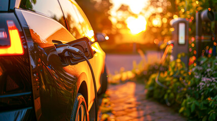 Electric car charging at a station with a glowing sunset in the background, illustrating eco-friendly transportation solutions. - Powered by Adobe