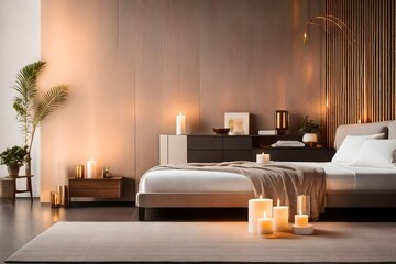 luxury hotel room, Immerse yourself in the cozy ambiance of a modern bedroom adorned with a scented candle, casting a warm and inviting glow that transforms the space into a sanctuary of relaxation - obrazy, fototapety, plakaty